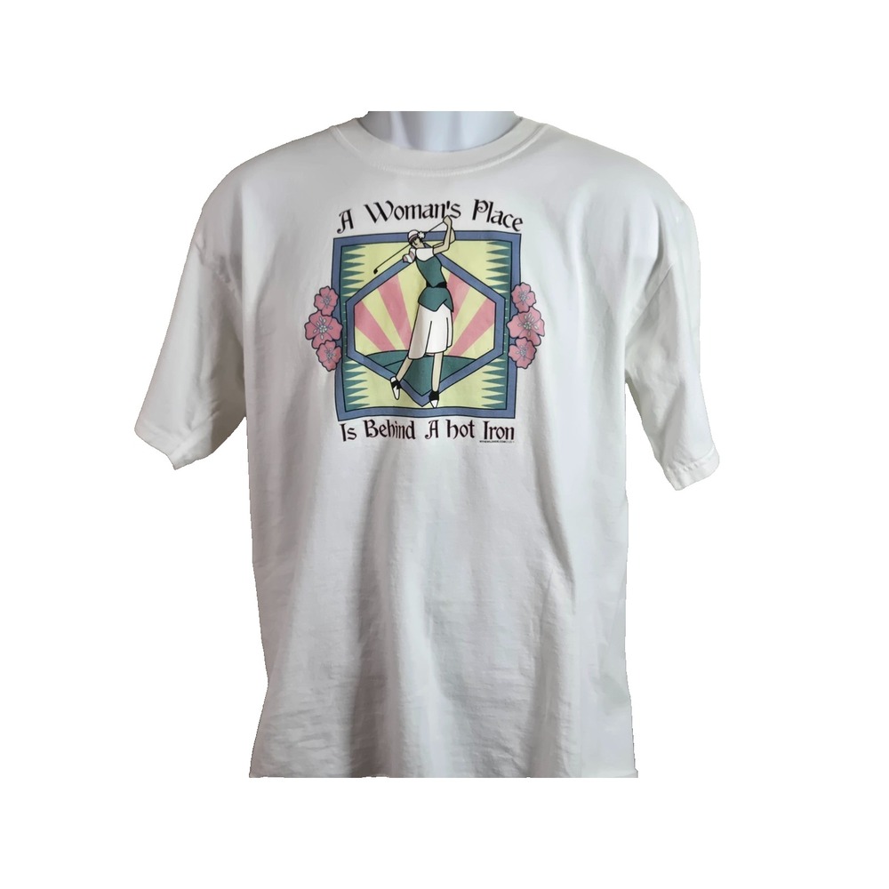Vintage Novelty Tee Shirt A Woman's Place Is Over A Hot‎ Iron Funny Humor Gift